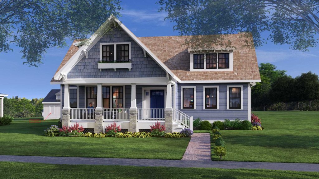 A blue-gray house with a front porch, dormer windows, and a large lawn