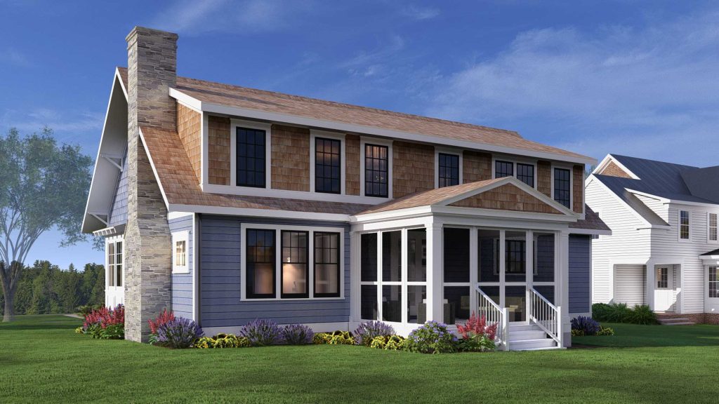 A two-story suburban house with a stone chimney, screened porch, and landscaped front yard