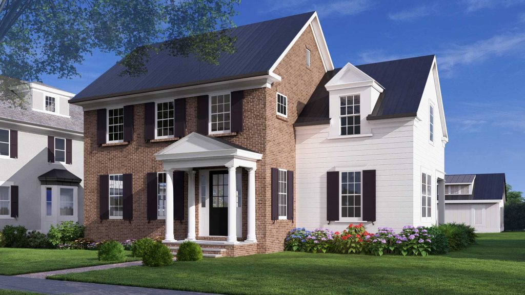 Two-story brick and white house with black shutters, a front porch, and a manicured lawn