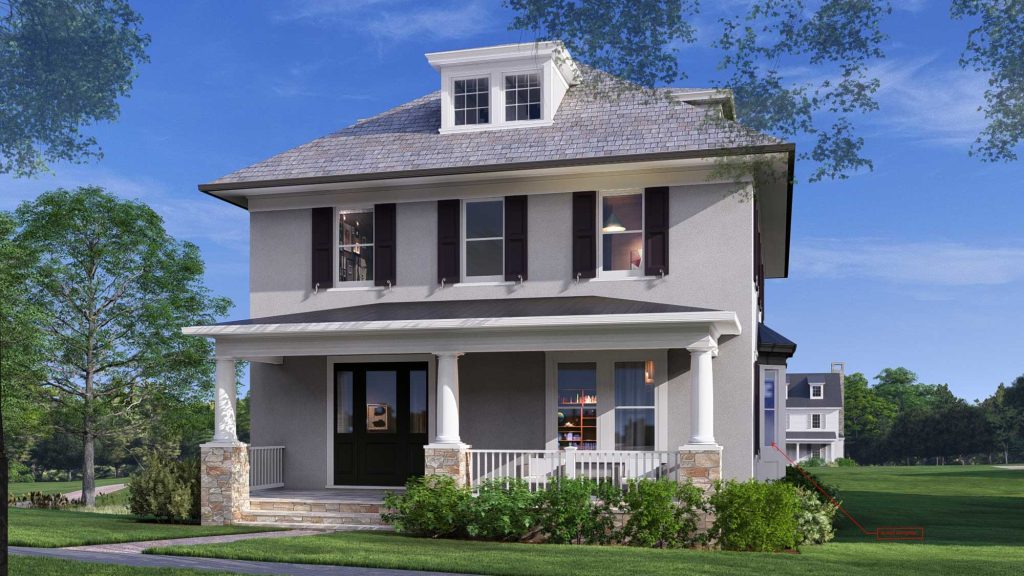 Two-story gray house with a front porch, dormer windows, and a landscaped yard